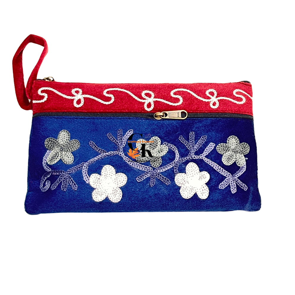 Elegant Velvet Kashmiri Embroidered Utility Pouch / Wristlet | Dark Crimson Red and Royal Blue Shades