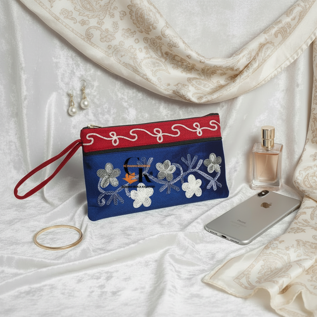 Elegant Velvet Kashmiri Embroidered Utility Pouch / Wristlet | Dark Crimson Red and Royal Blue Shades