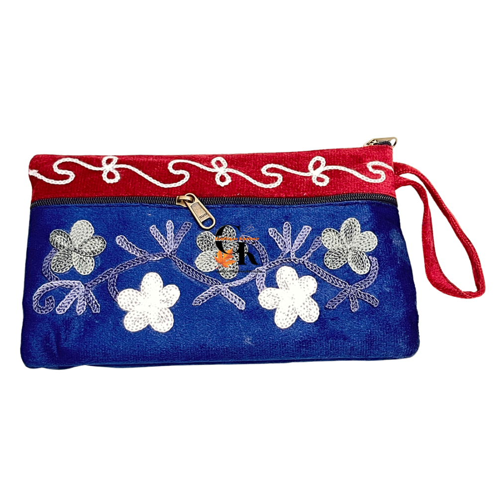 Elegant Velvet Kashmiri Embroidered Utility Pouch / Wristlet | Dark Crimson Red and Royal Blue Shades