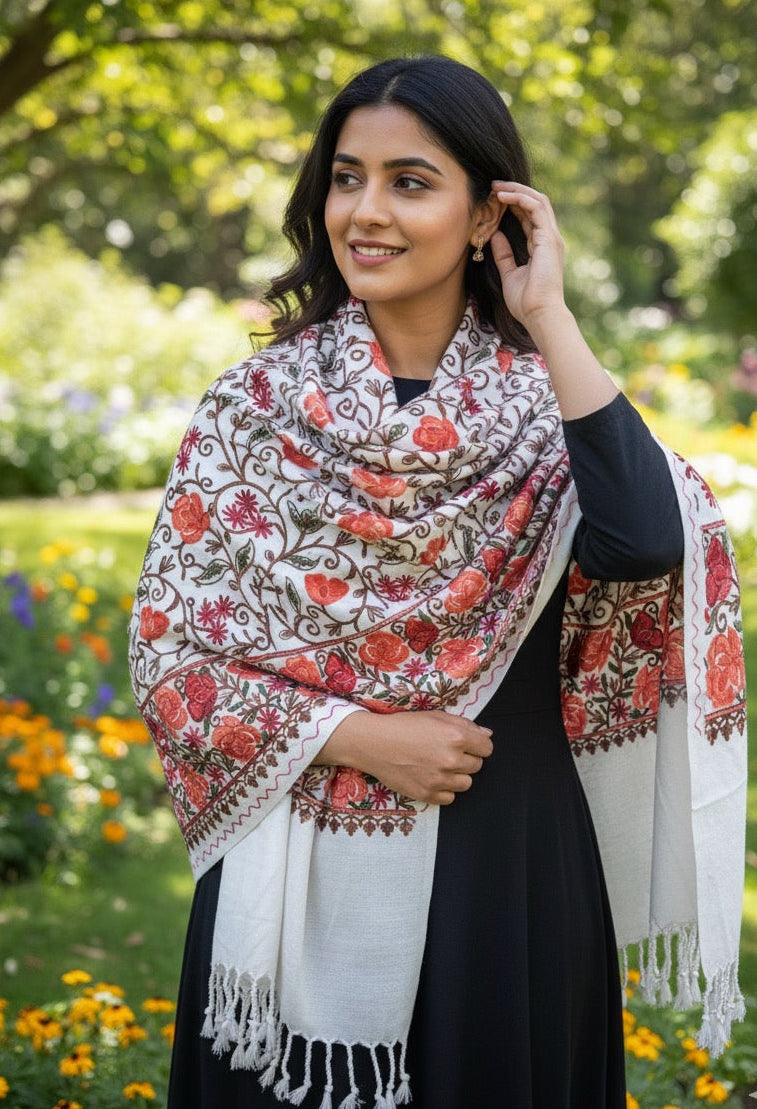 White Embroidered Shawl | Aari Embroidered | Kashmiri Woolen Shawl | Ladies Shawl