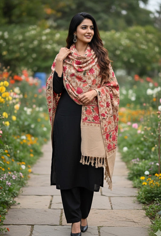 Embroidered Shawl | Aari Embroidered | Kashmiri Woolen Shawl | Beige Colored