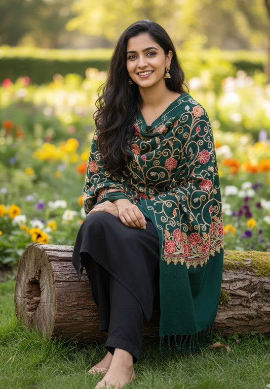 Green Shawl | Aari Embroidered | Kashmiri Woolen Shawl | Ladies Shawl