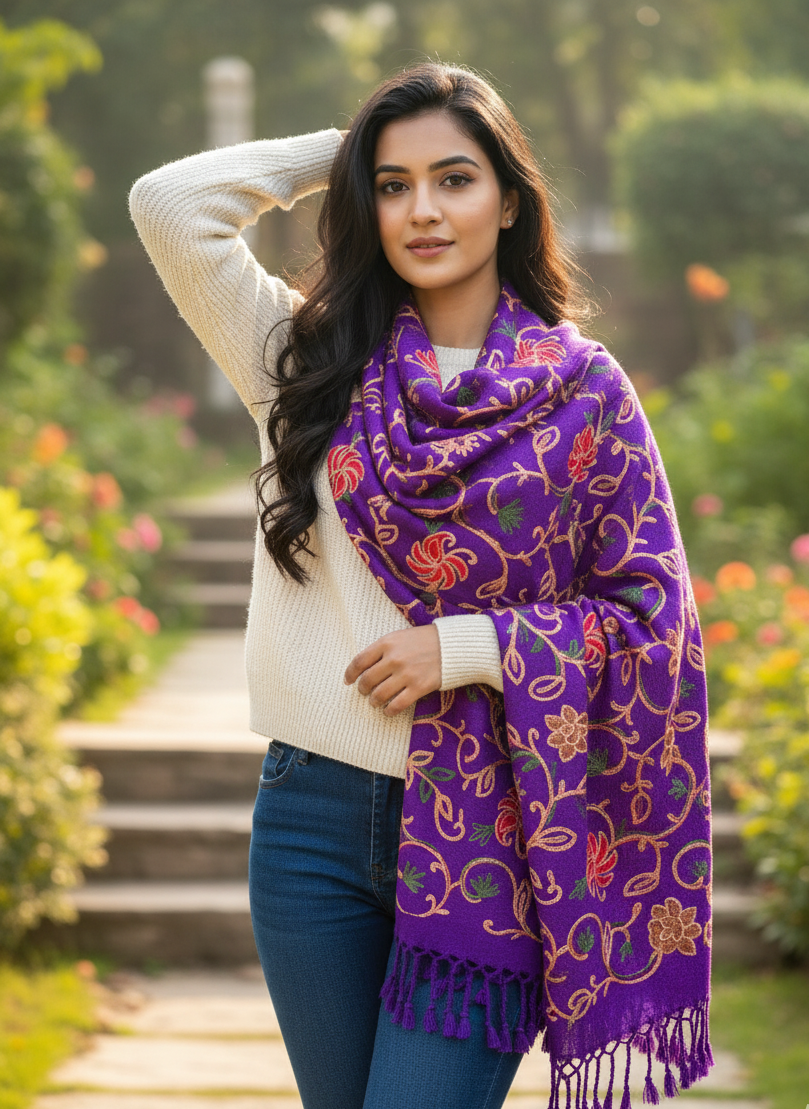 Kashmiri Embroidered Shawl | Purple Colored | Aari Embroidered