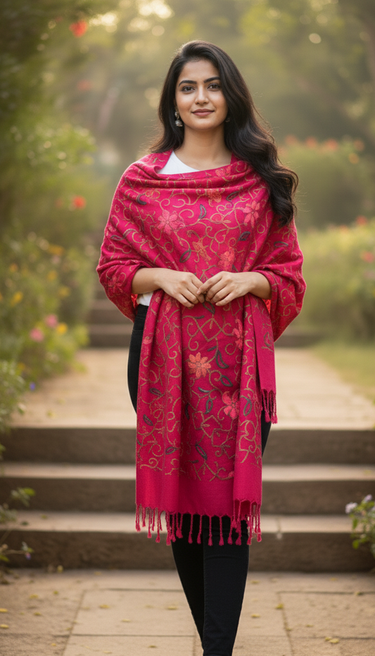 Kashmiri Embroidered  Stole | Red Colored | Aari Embroidered