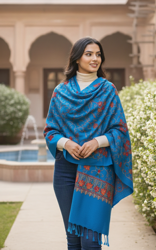 Light Blue Embroidered Shawl | Aari Embroidered | Kashmiri Woollen Shawl