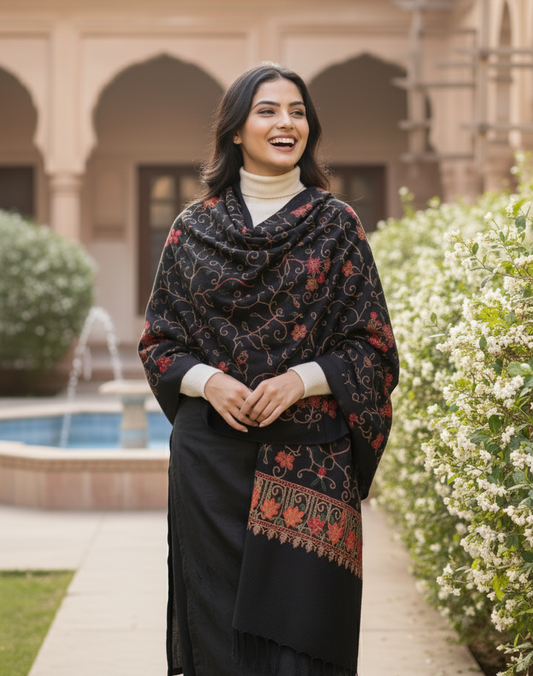 Black Embroidered Shawl | Aari Embroidered | Kashmiri Woollen Shawl