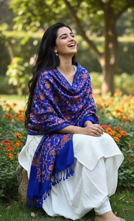 Kashmiri Embroidered Stole | Royal Blue | Aari Embroidered