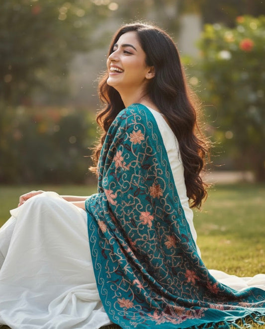 Aari Embroidered Green Shawl | Kashmiri Woolen Shawl | Ladies Shawl