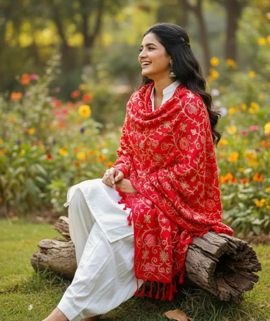 Kashmiri Embroidered Stole | Royal Red | Aari Embroidered