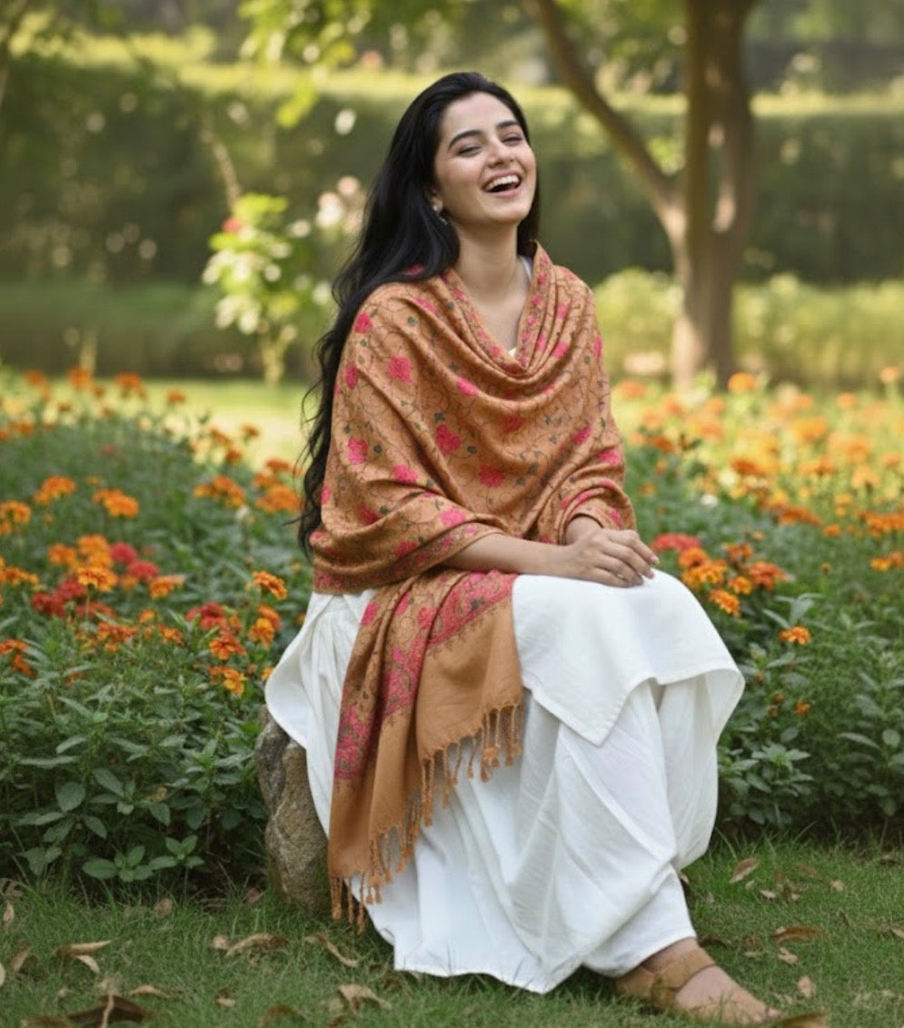 Woman sitting in a garden wearing a patterned shawl and white dress.