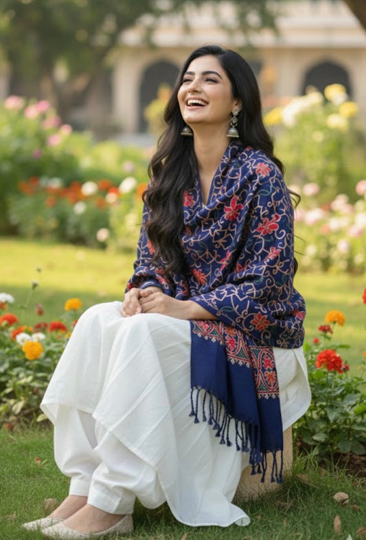 Navy Blue Embroidered Stole | Aari Embroidered | Kashmiri Woollen Stole