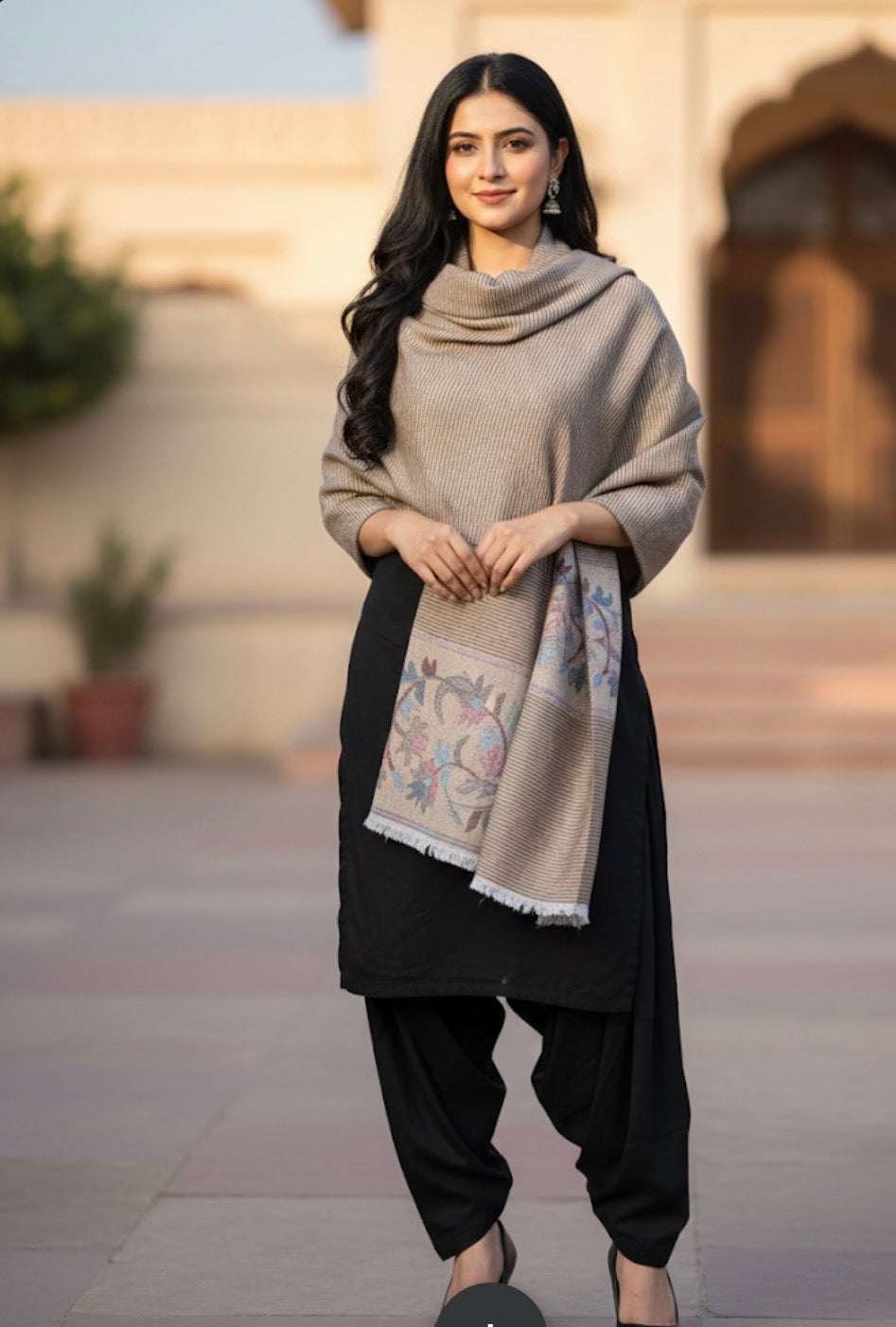 Light Brown Check Pattern Kashmiri Stole | Kani Paaldaar | Self Woven Kani Tussar Silk Stole