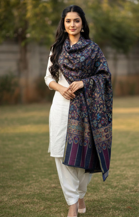 Tussar Silk Luxurious Kashmiri Stole | Black Multicolored | Self Woven Kani Stole