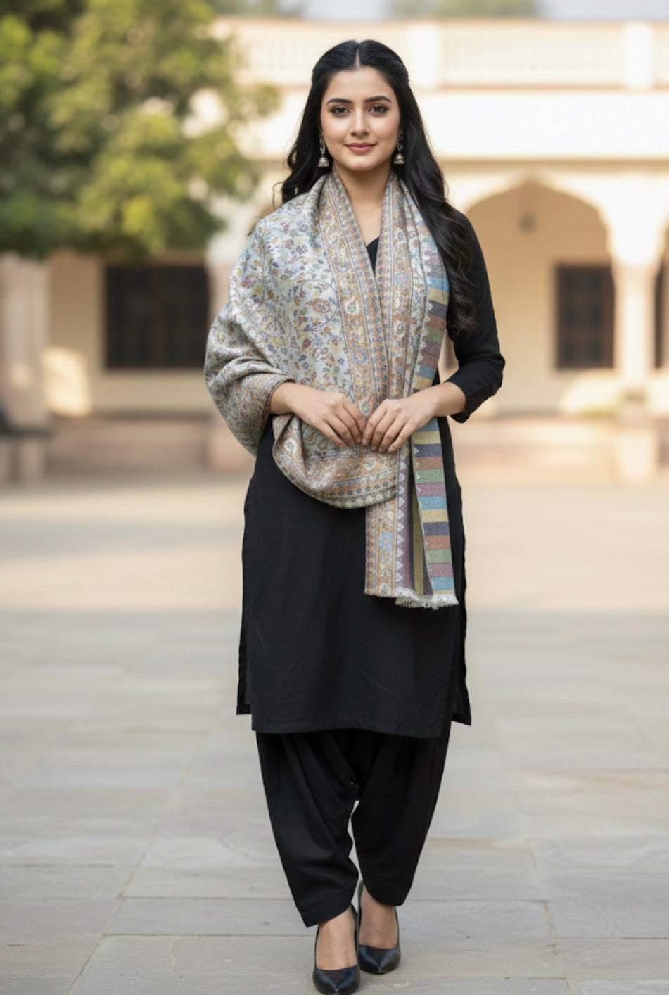 Extra Soft Kashmiri Tussar Silk Stole | White Multicolored | Self Woven Kani Stole