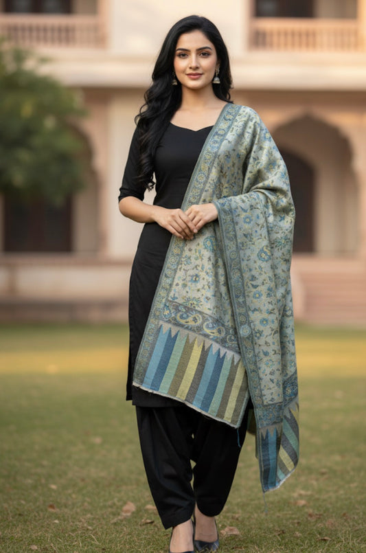 Premium Tussar Silk Kashmiri Stole | Light Green Colored | Self Woven Kani Stole