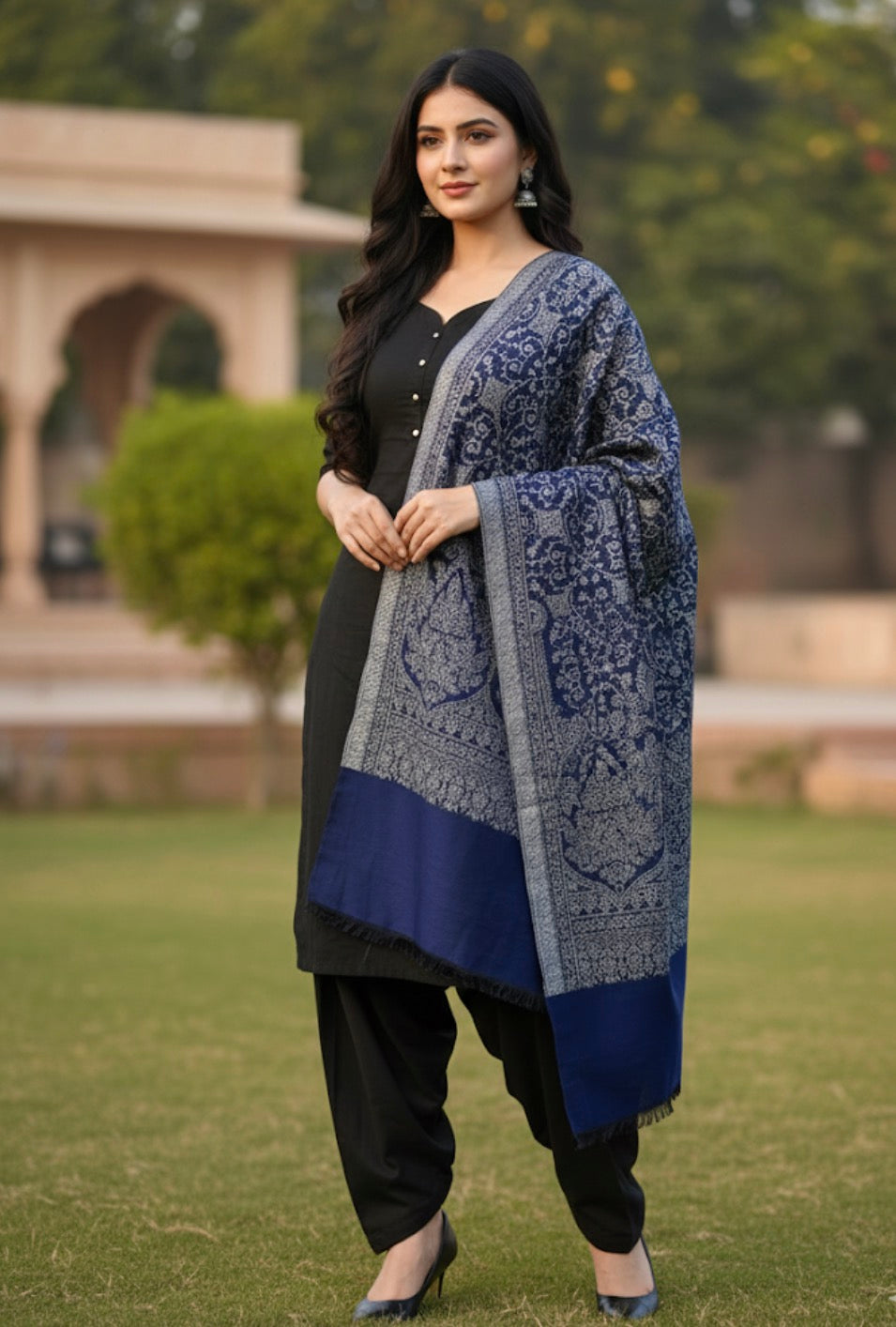 Extra Soft Tussar Silk Kashmiri Stole | Navy Blue Colored | Self Woven Stole