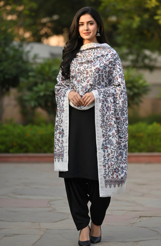 Craftique Premium Soft Silk Kalamkaari Stole | Marron Grey Motifs Pattern | White Base