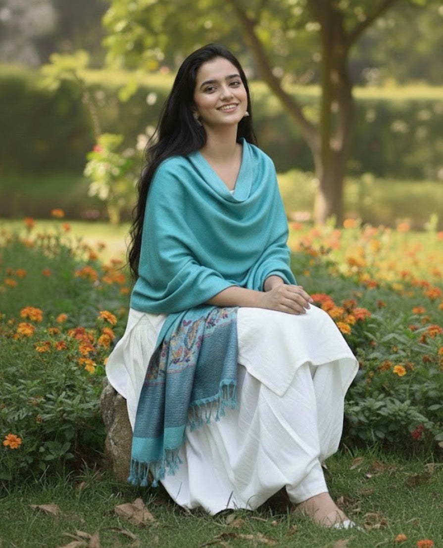 Blue Teal Kashmiri Stole | Kani Paaldaar | Self Woven Kani Tussar Silk Stole