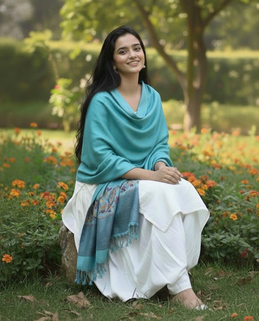 Blue Teal Kashmiri Stole | Kani Paaldaar | Self Woven Kani Tussar Silk Stole