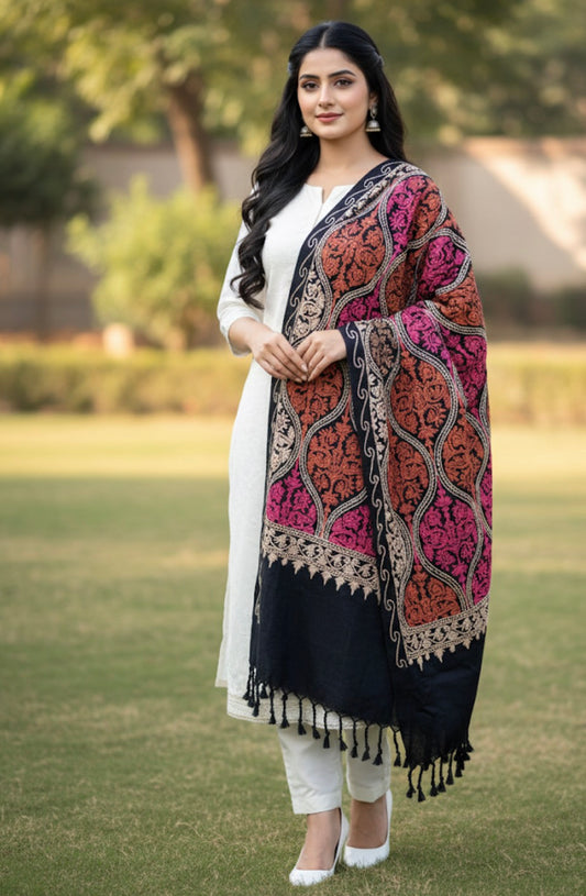 Black Multicolored Embroidered Ladies Shawl | Kashmiri Aari Embroidered