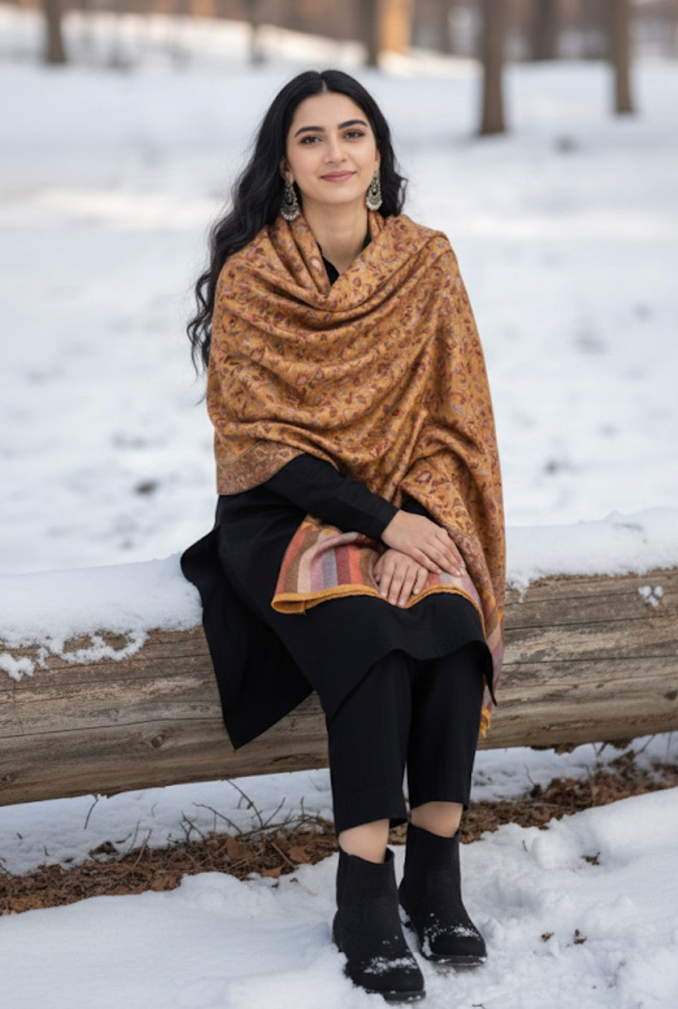 Premium Tussar Silk Full Shawl | Golden Kaani Silk Shawl | Self Woven Kaani Tussar Silk Shawl