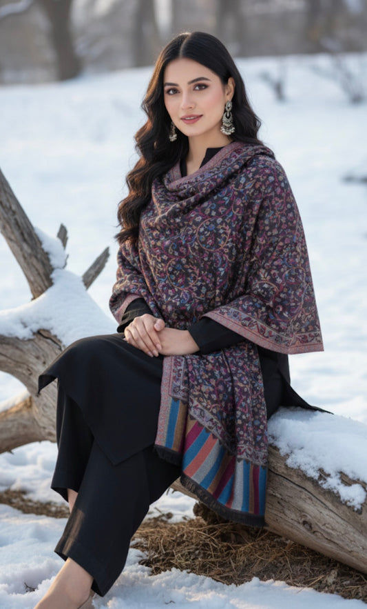 Premium Tussar Silk Full Shawl | Black Kaani Silk Shawl | Self Woven Kaani Tussar Silk Shawl