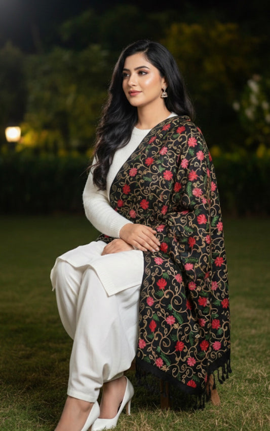 Black Multicolored Motifs Embroidered Ladies Shawl | Kashmiri Aari Embroidered