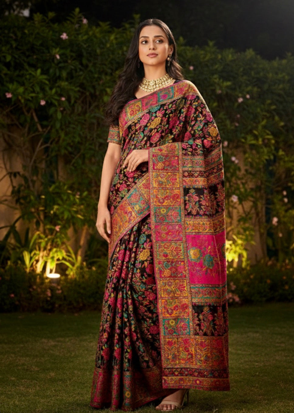 Craftique Kashmir Designer Saree and Blouse Set | Premium Cotton Self Woven | Kalamkaari Black Colorful Motifs