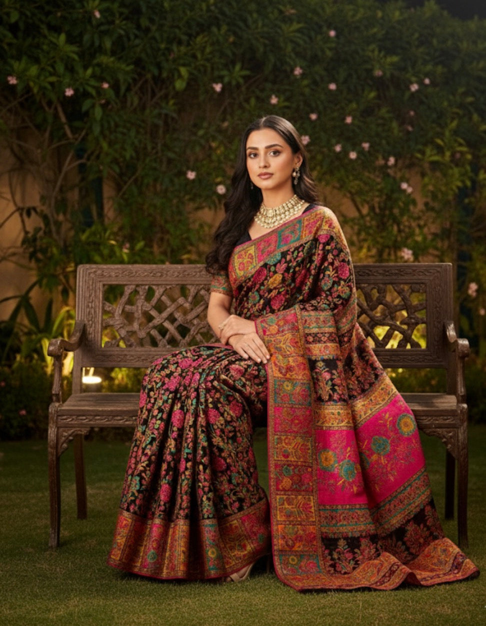 Craftique Kashmir Designer Saree and Blouse Set | Premium Cotton Self Woven | Kalamkaari Black Colorful Motifs