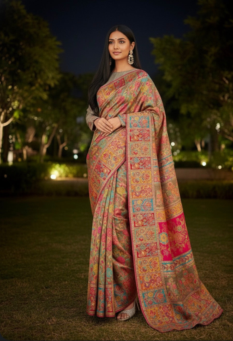Craftique Kashmir Designer Saree and Blouse Set | Premium Cotton Self Woven | Kalamkaari Grey Colorful Motifs