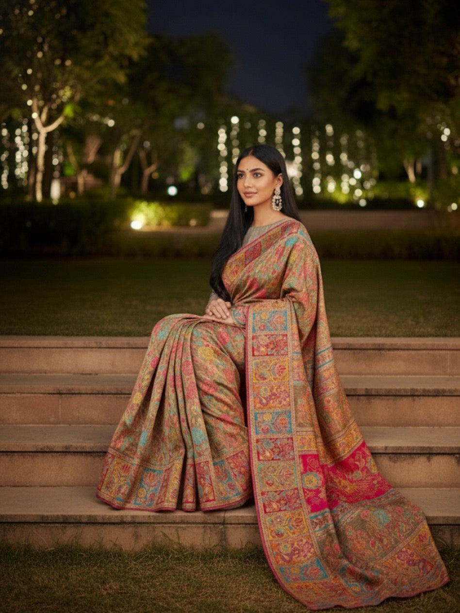 Craftique Kashmir Designer Saree and Blouse Set | Premium Cotton Self Woven | Kalamkaari Grey Colorful Motifs