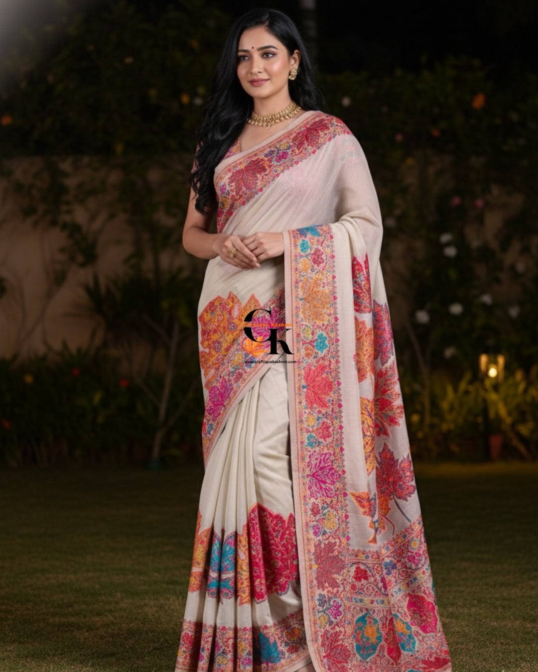 Craftique Kashmir Designer Saree and Blouse Set | Premium Cotton Self Woven | Chinar Embroidery Pure White Coloured