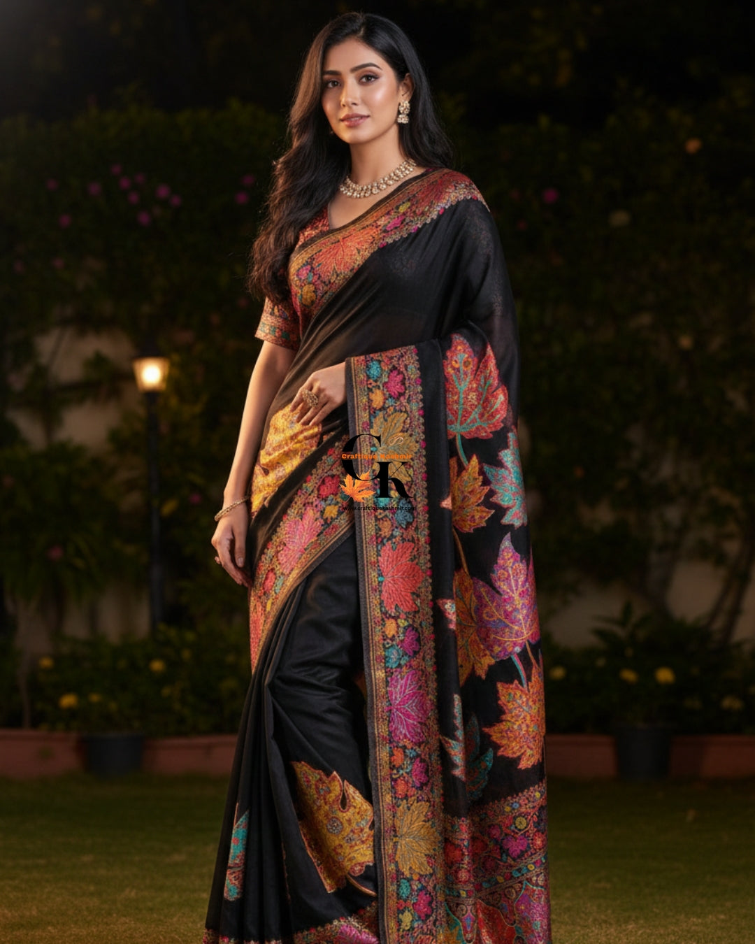 Craftique Kashmir Designer Saree and Blouse Set | Premium Cotton Self Woven | Chinar Embroidery Royal Black Coloured