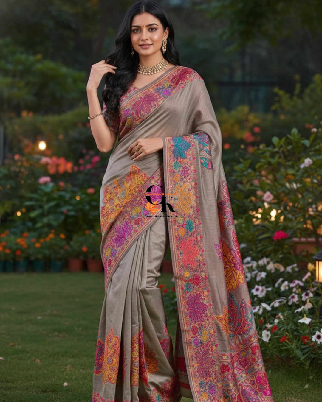 Craftique Kashmir Designer Saree and Blouse Set | Premium Cotton Self Woven | Chinar Embroidery Elegant Grey Coloured