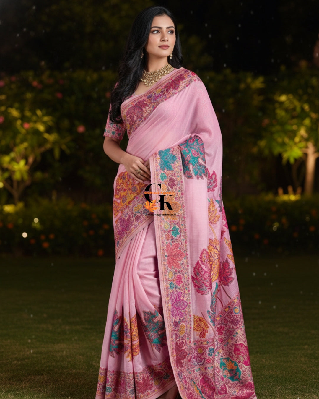 Craftique Kashmir Designer Saree and Blouse Set | Premium Cotton Self Woven | Chinar Embroidery Stylish Pink Coloured