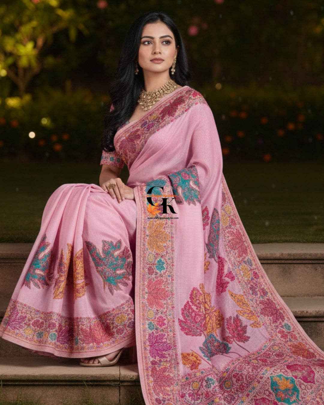 Craftique Kashmir Designer Saree and Blouse Set | Premium Cotton Self Woven | Chinar Embroidery Stylish Pink Coloured