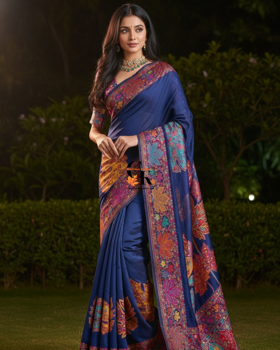 Craftique Kashmir Designer Saree and Blouse Set | Premium Cotton Self Woven | Chinar Embroidery Royal Blue Coloured