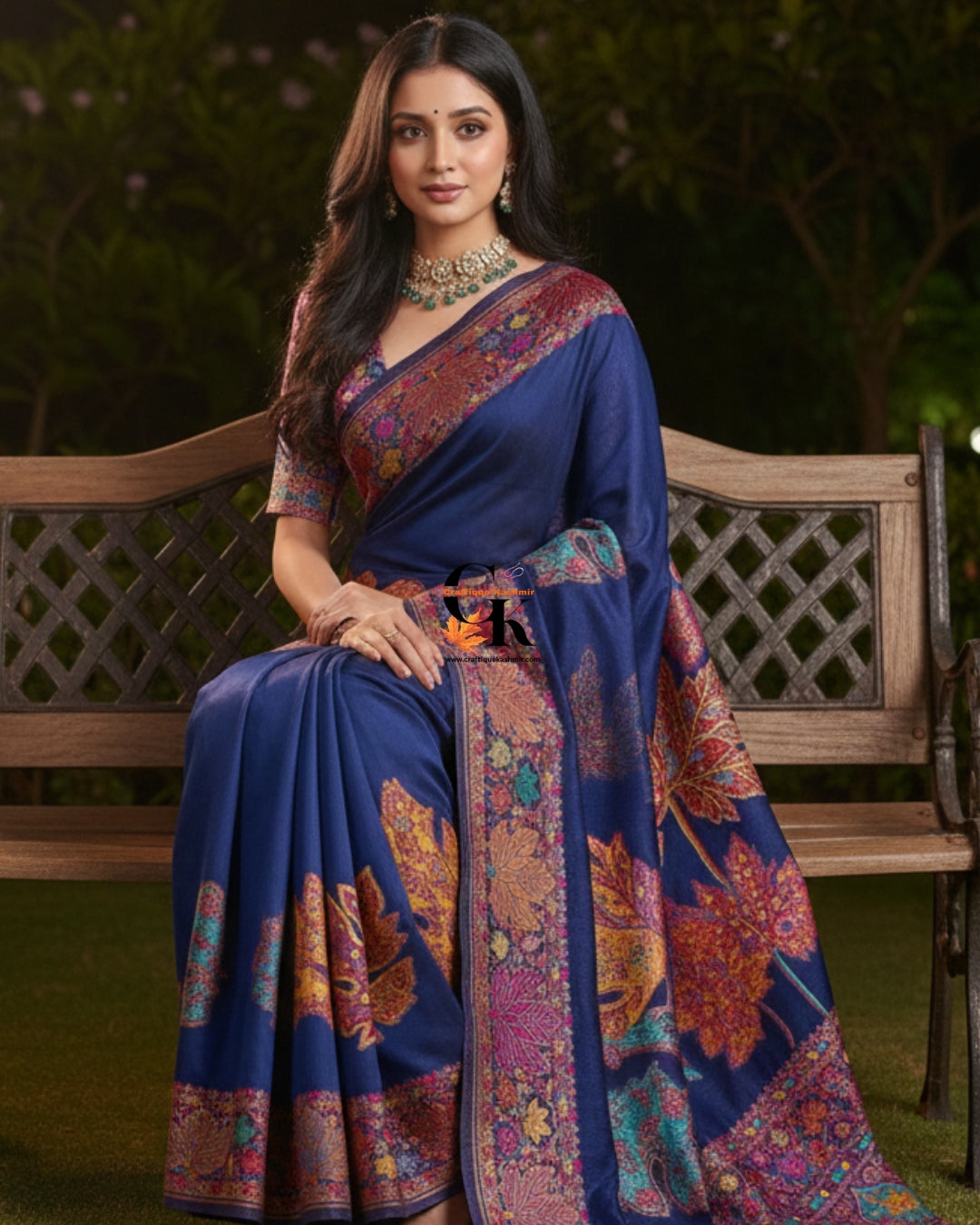 Craftique Kashmir Designer Saree and Blouse Set | Premium Cotton Self Woven | Chinar Embroidery Royal Blue Coloured