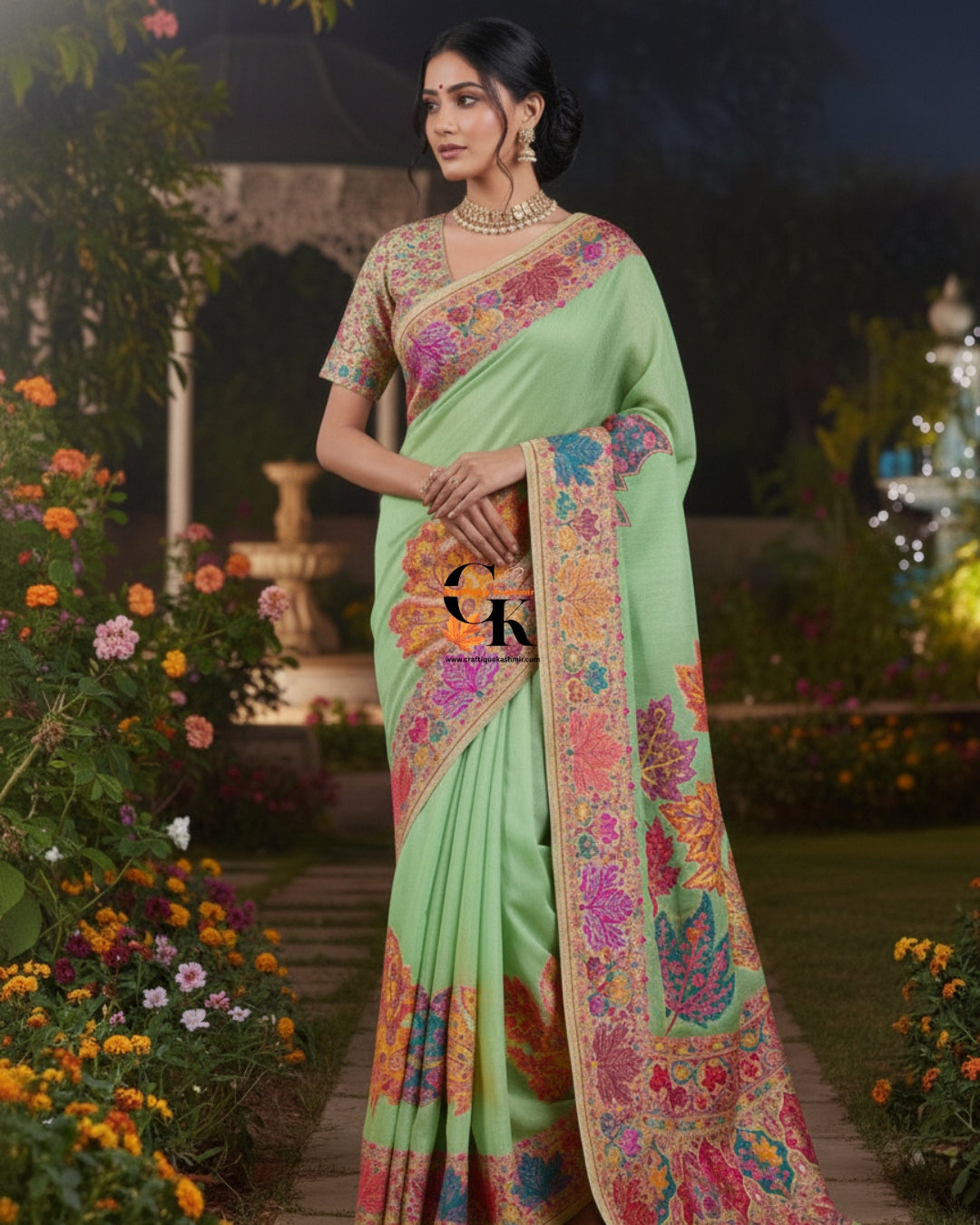 Craftique Kashmir Designer Saree and Blouse Set | Premium Cotton Self Woven | Chinar Embroidery Pista Green Coloured