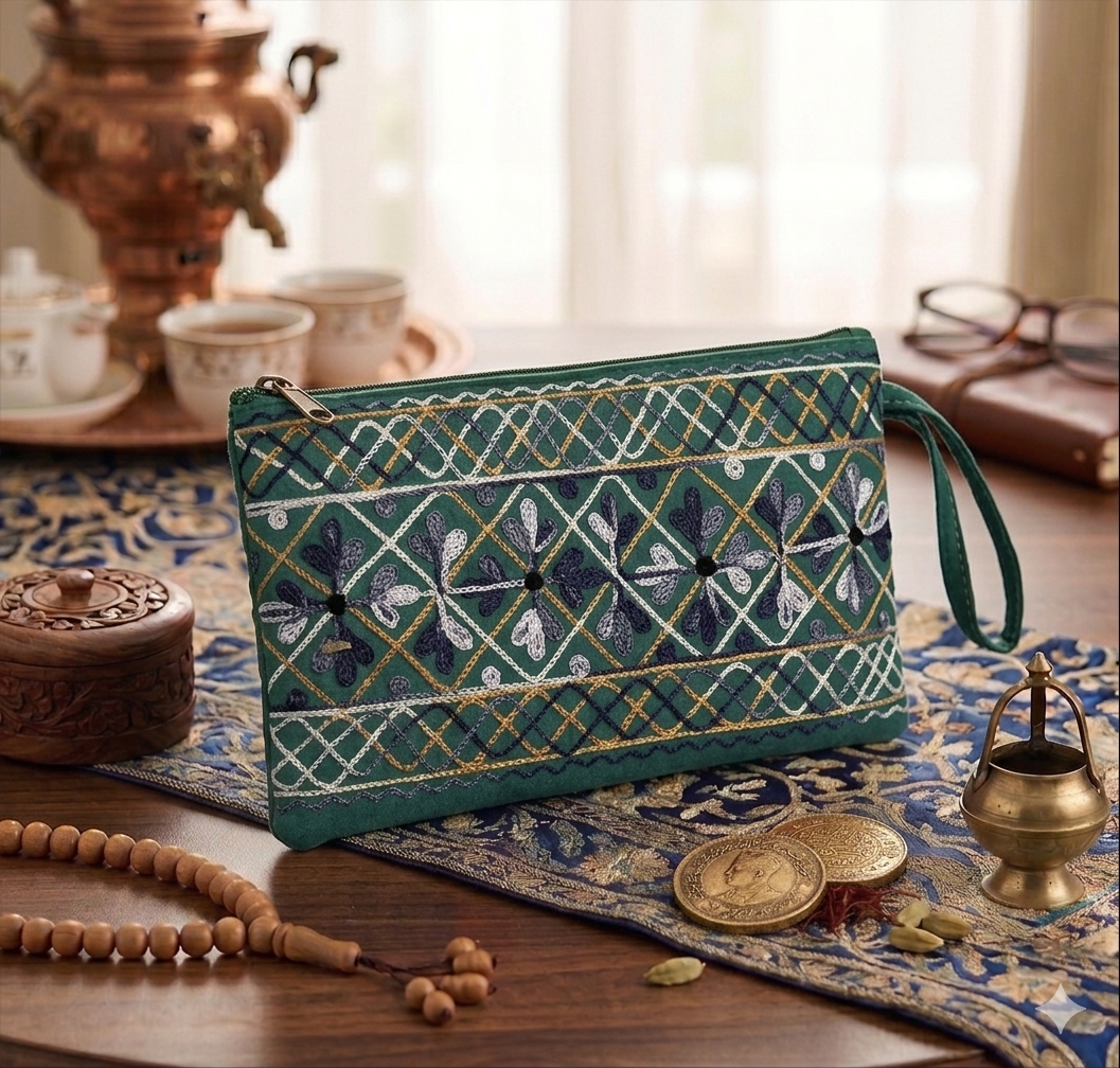 Craftique Kashmiri Embroidered Utility Pouch / Wristlet | Emerald Elegance