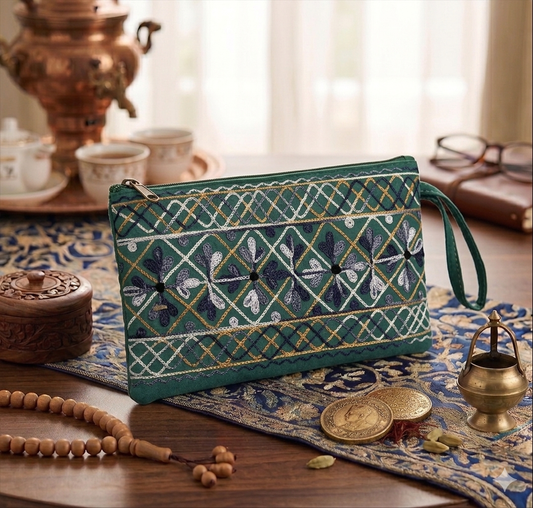 Craftique Kashmiri Embroidered Utility Pouch / Wristlet | Emerald Elegance