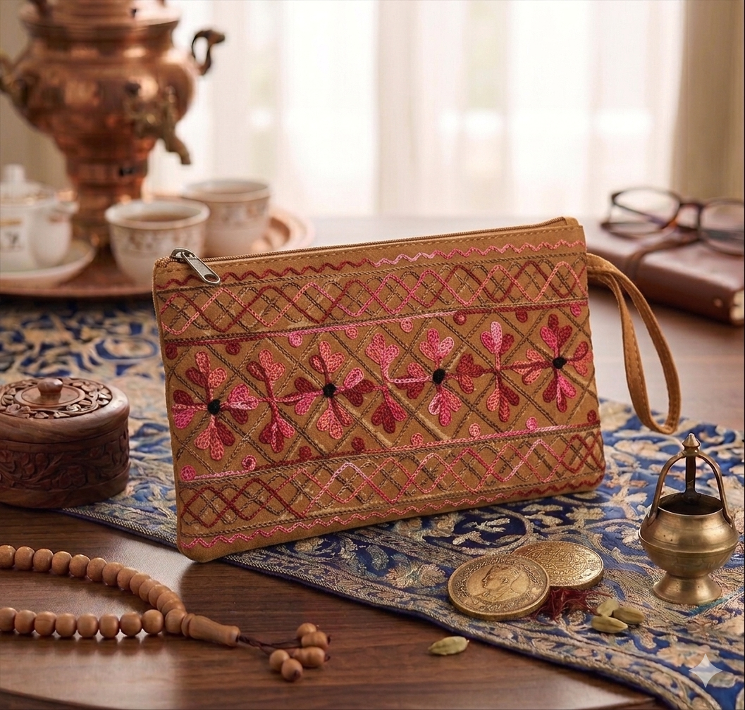Craftique Kashmiri Embroidered Utility Pouch / Wristlet | Terracotta Blush