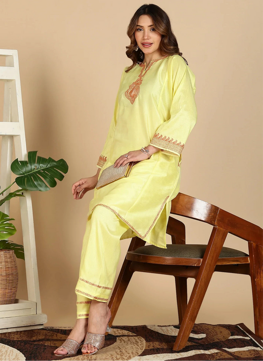 Lemon Green Silk Pheran Set | Till Embroidered