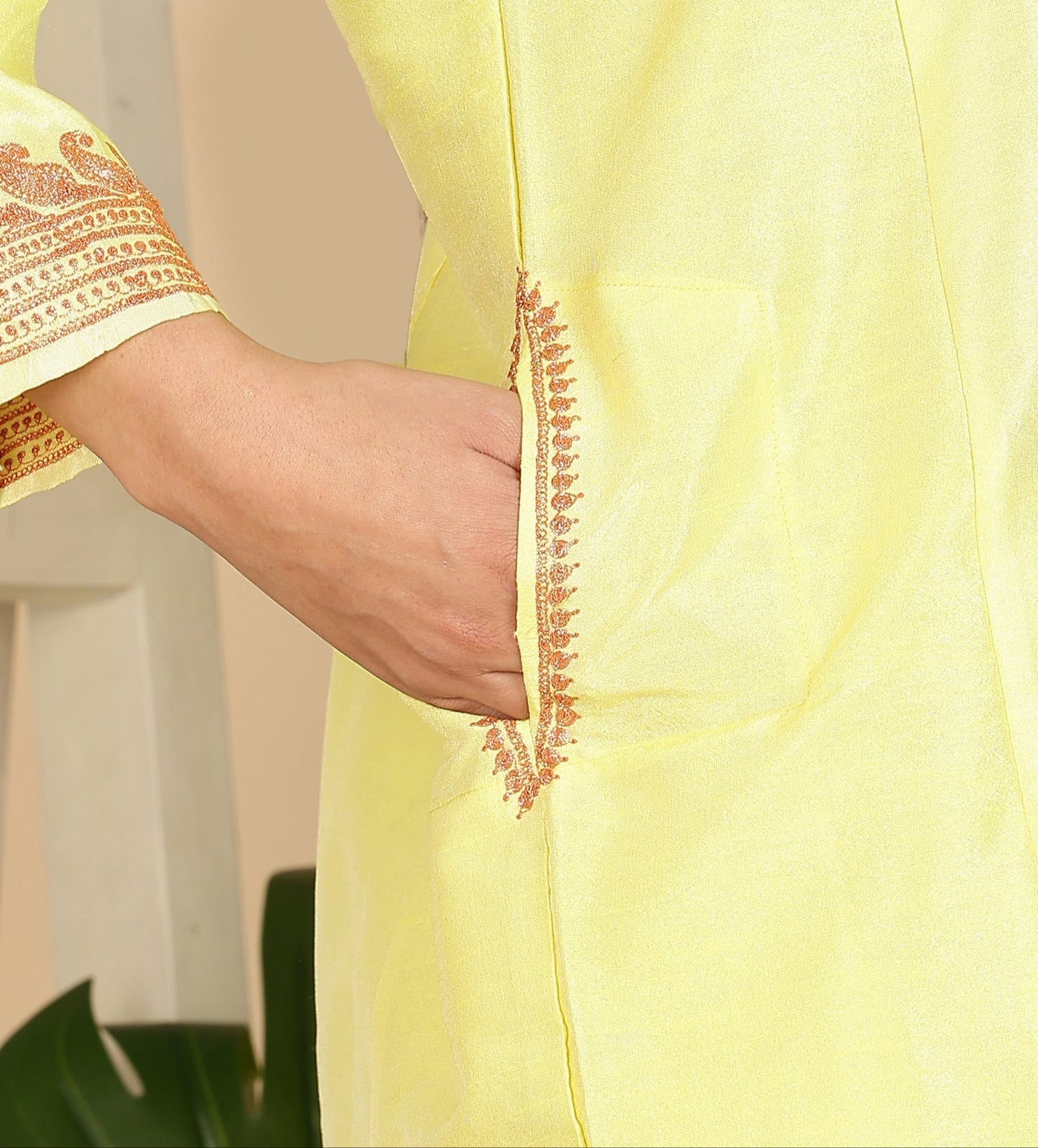 Lemon Green Silk Pheran Set | Till Embroidered