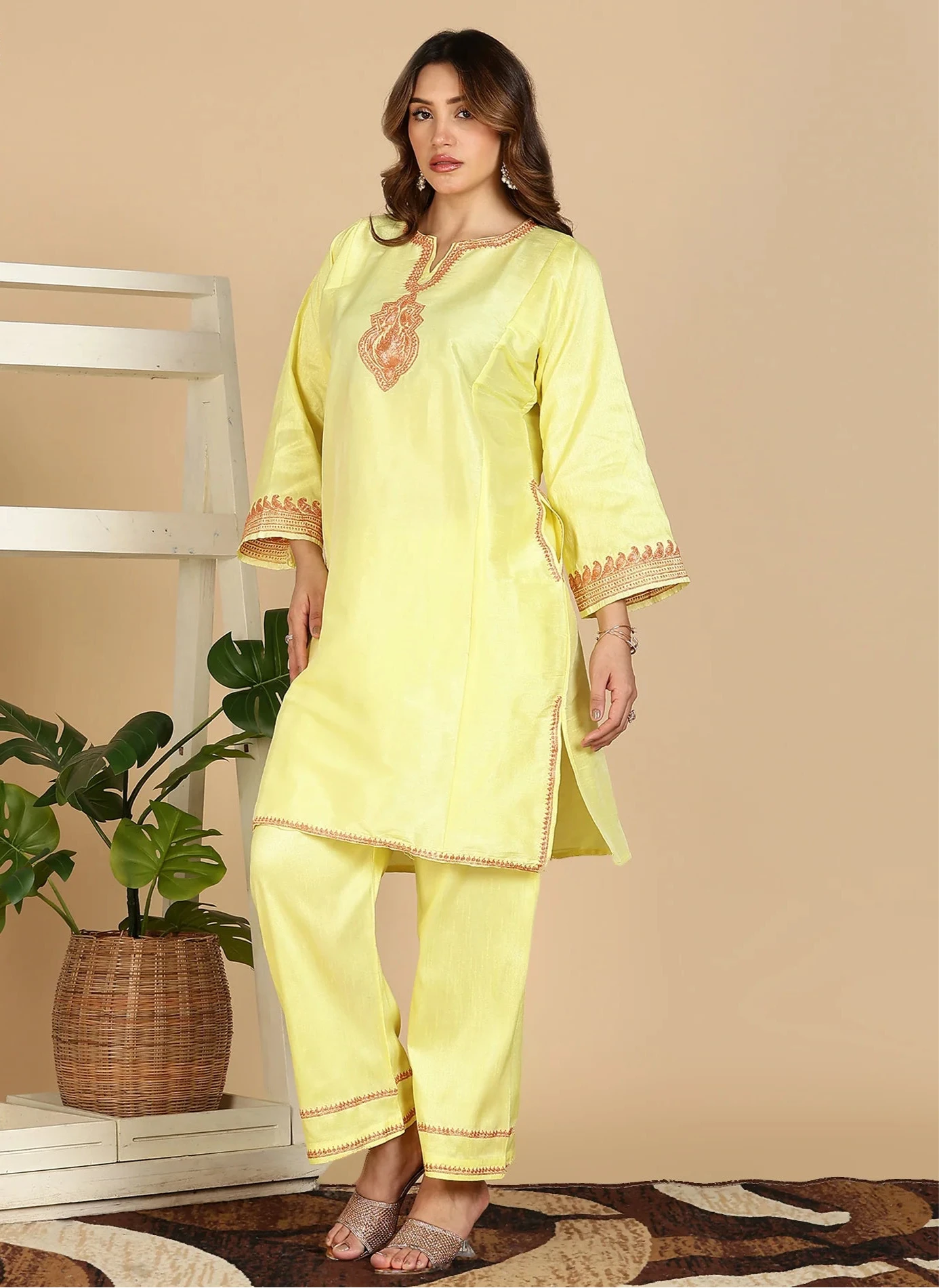 Lemon Green Silk Pheran Set | Till Embroidered