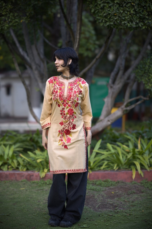 Kashmiri Embroidered Long Kurti | Light Brown & Red Colored Embroidery