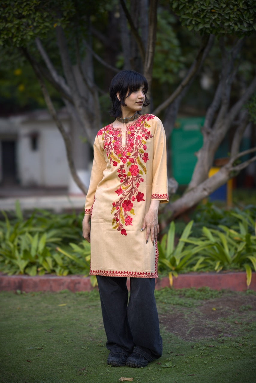 Kashmiri Embroidered Long Kurti | Light Brown & Red Colored Embroidery