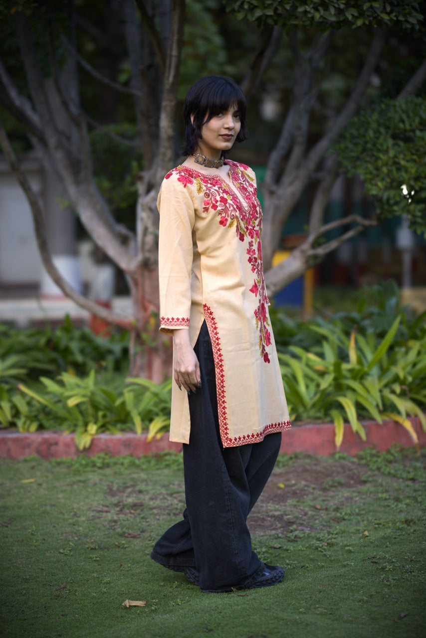 Kashmiri Embroidered Long Kurti | Light Brown & Red Colored Embroidery
