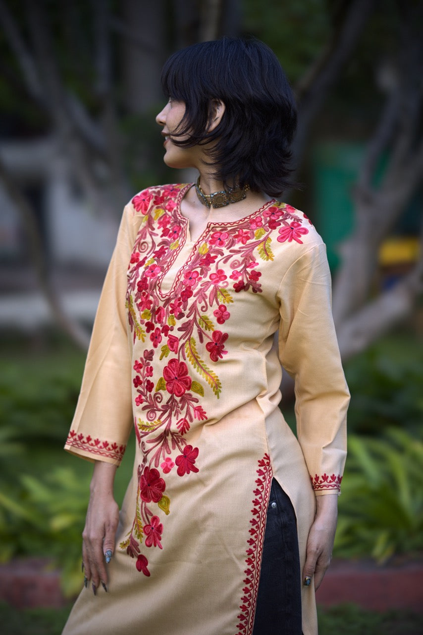 Kashmiri Embroidered Long Kurti | Light Brown & Red Colored Embroidery