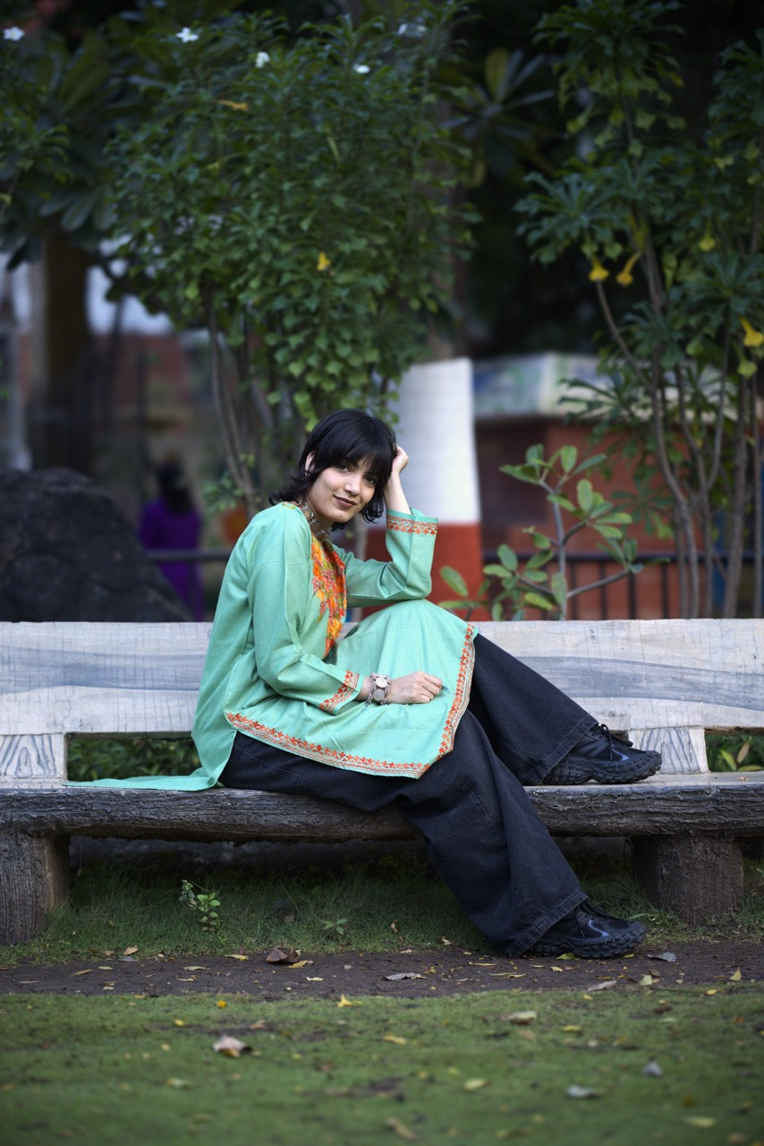 Ladies Kurti | Kashmiri Kurti | Light Green & Red/Orange Colored Embroidery